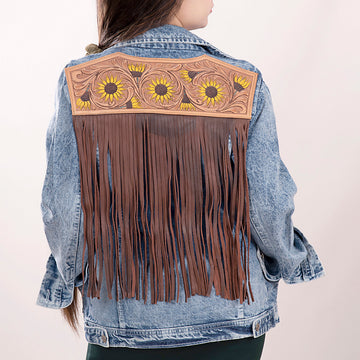 ADJKT002 Genuine leather Hand tooled hand carved Women 100% cotton Denim jacket dress ladies girl